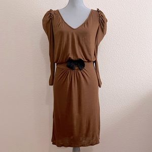 Zara Brown Midi Dress, Long Puffy Sleeves, Black Bow - Size Medium